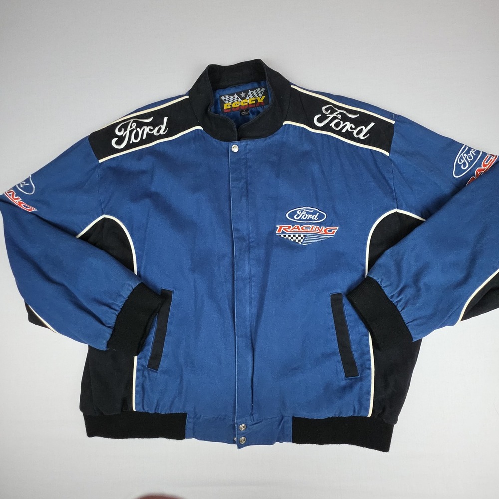 VTG Essex Ford Racing NASCAR Bomber Jacket Mens XL Blue Black Embroidered Cotton